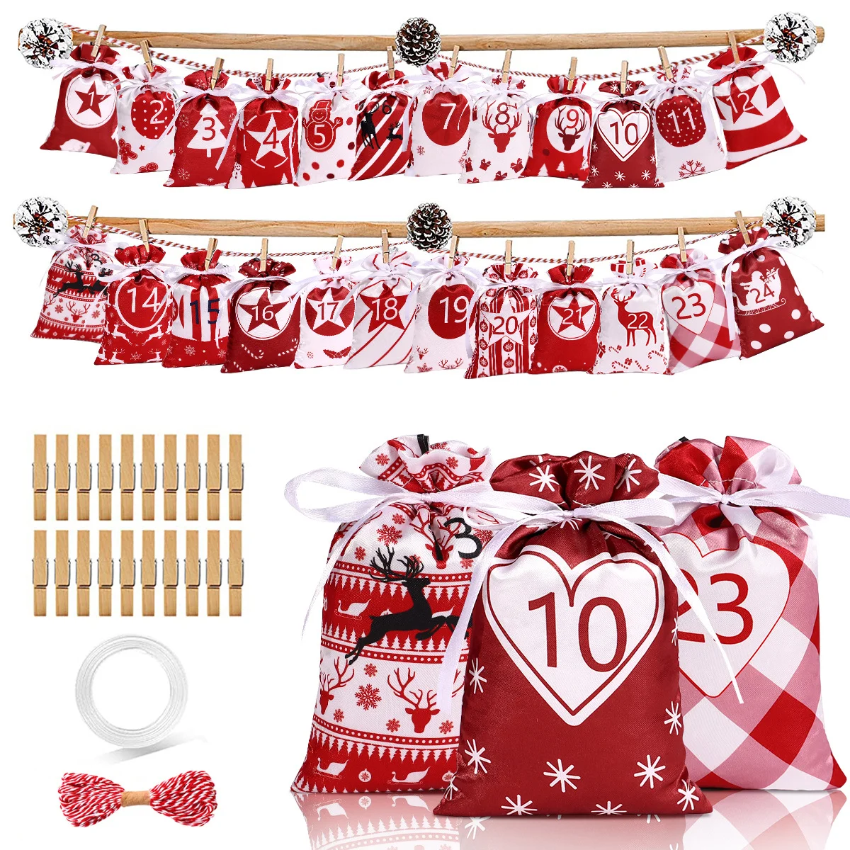 50 Teile/satz Weihnachten 24-tage Kalender Tasche Glatte Satin Stoff Farbe gefärbt Kordelzug Verschluss für Geschenk Süßigkeiten