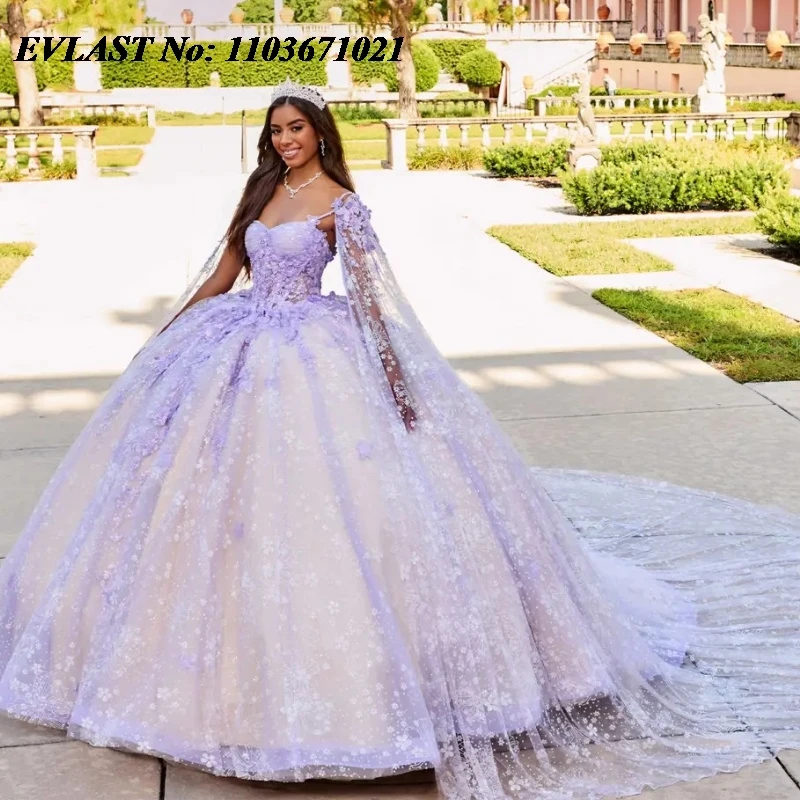 

EVLAST мексиканское Лавандовое бальное платье, платье Quinceanera, 3D цветочное кружево, аппликация, бисер, с накидкой, милое 16 Vestidos De XV, SQ267