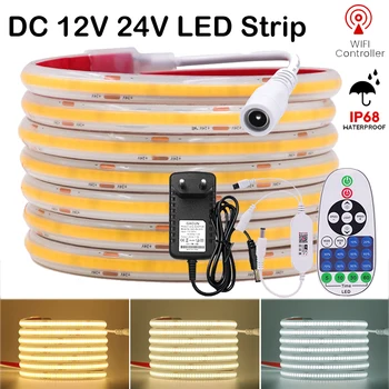 전원 공급 장치가 있는 IP68 방수 COB LED 스트립, 투야 스마트 와이파이 조광기, 고밀도 DC 12V 24V, 유연한 선형 테이프, 320LEDs/m