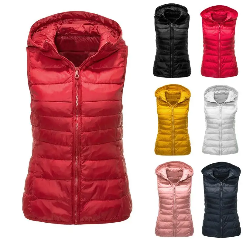 Winter Womens Hooded Outerwear Sleeveless Hooded Jackets Cotton-padded Warm Pure Color Coat