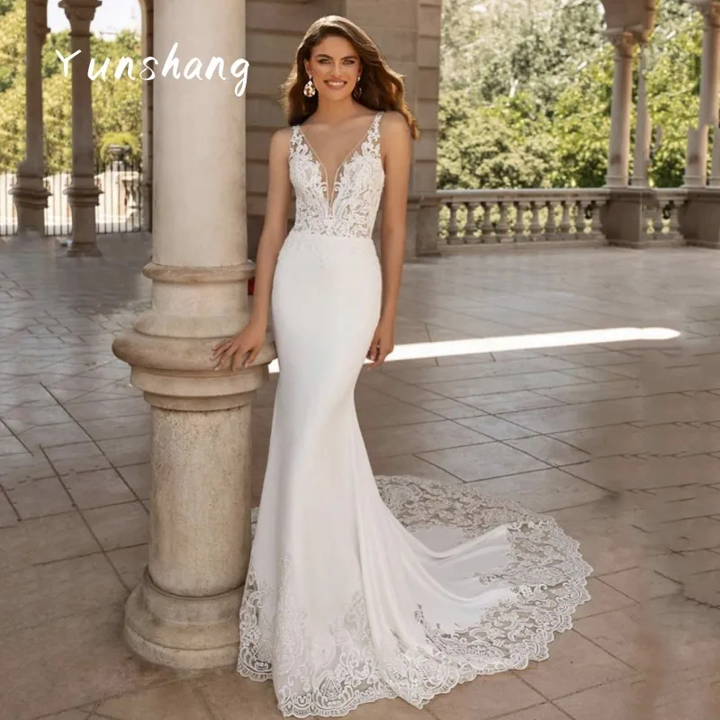 

Женское свадебное платье с юбкой годе YunShang, элегантное кружевное платье с V-образным вырезом и длинным шлейфом, без рукавов, с открытой спиной, 2022
