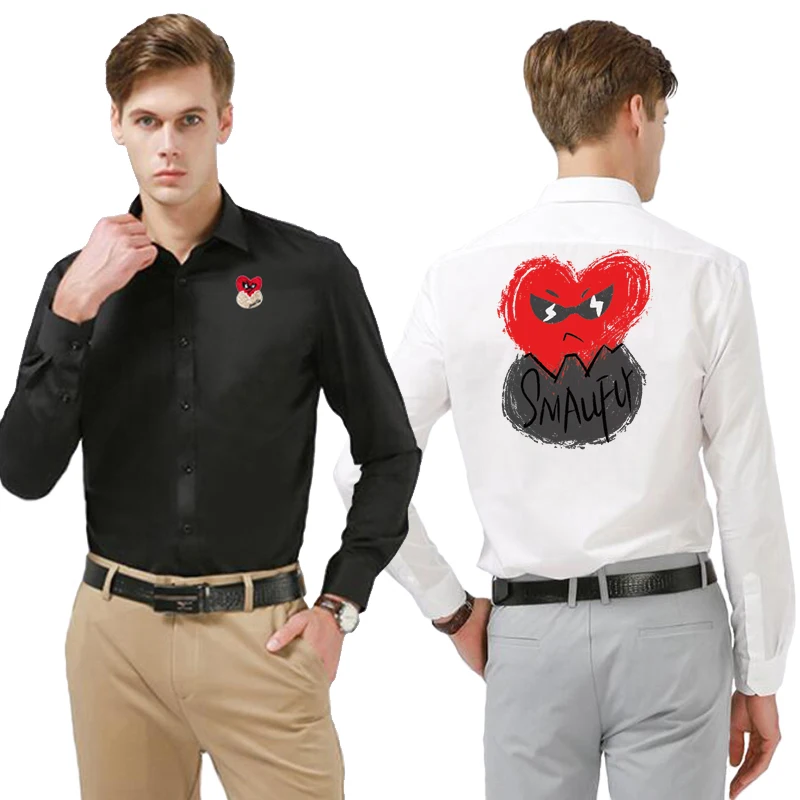 

Break Egg Shirt Men Polyester Heart Eggshell Embroidery Back Cartoon Splash-ink Print Autumn Lapel Buttons Fit Casual Shirt