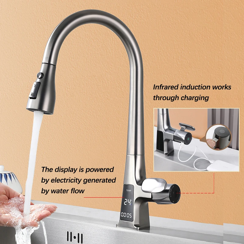 Torneira Puxável Inteligente Touchless para Pia de Cozinha, Display Digital, Torneira Misturadora de Água, Água Fria e Quente, Bica de 3 Modos