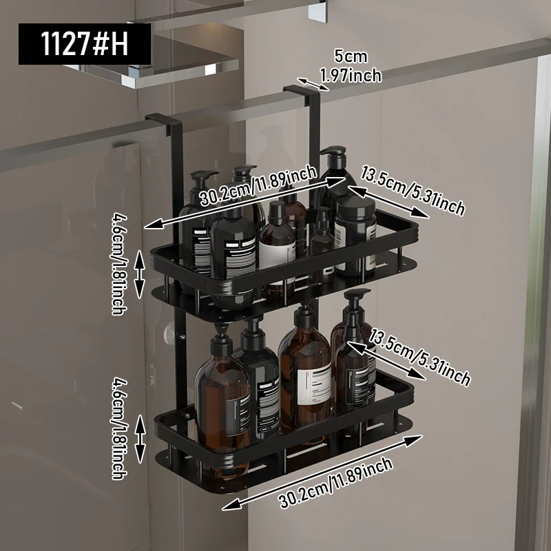 מדף מקלחת תלוי 2 קומות מעל הדלת מדף אחסון לחדר האמבטיה ללא חורים לשמפו וסבון במקלחת