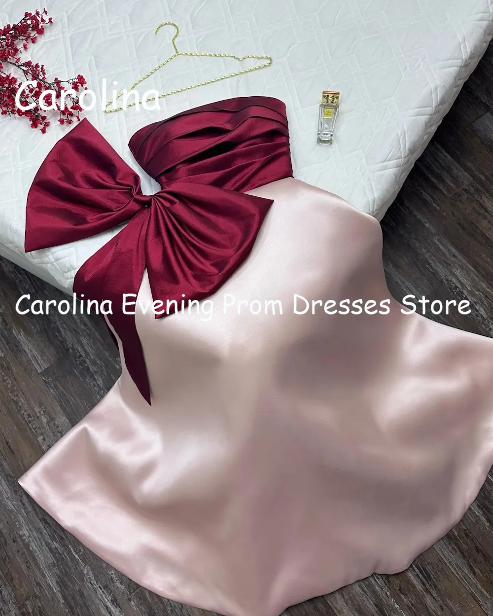 Carolina Satin A-line Strapless Ruffle Arab Prom Gown Bow Floor Length Saudi Evening Formal Elegant Party Dress for Women 2023