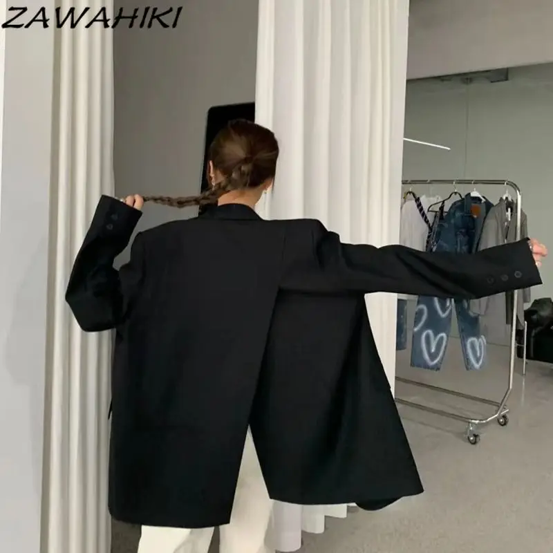 

ZAWAHIKI Casual Solid Color Loose 2023 Spring Autumn New Designed Chic Women Blazers Korean Temperament Slit Breasted Tops