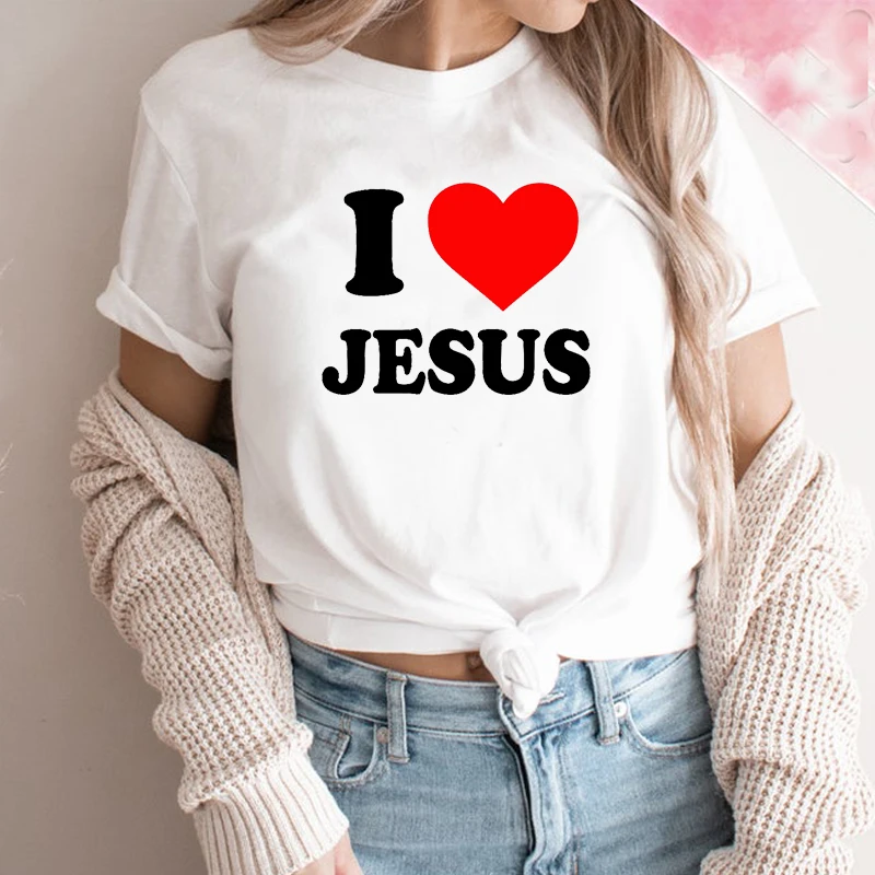 

I Love Jesus Love Heart Women T Shirts Cotton Short Sleeve Religious Clothes Faithful O Neck Tshirt Inspirational Tops Dropship