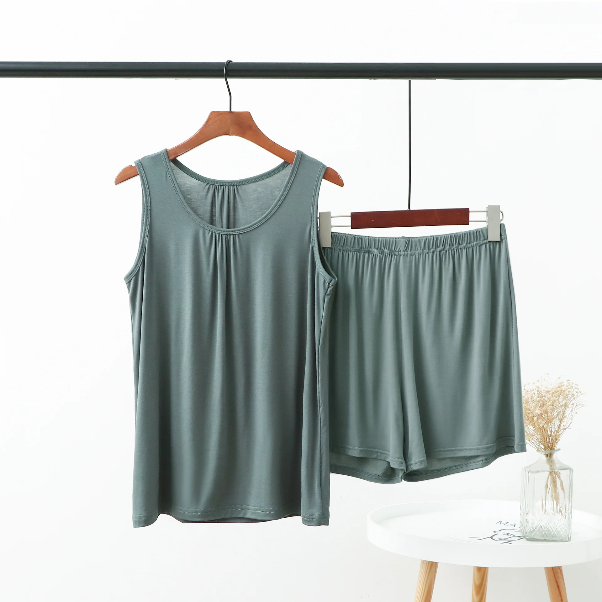 Фото Женский пижамный комплект Fdfklak XL-6XL, топ без рукавов + шорты, костюм из двух предметов, женская одежда для сна из модала и хлопка, женская пижама №2