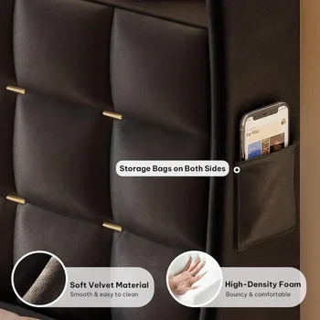 Queen Size Bed Frame with 3 Storage Drawers and RGB LED Lights, Velvet Upholstered Bed with Charging Station and Storag 5