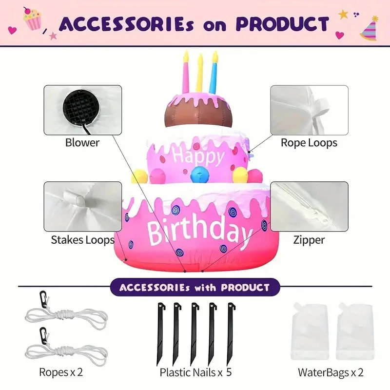 Inflatable Birthday Cake Outdoor Decorations with Candles LED Lighted Blow Up Happy Birthday Party Toys Home Garden Decorations 5