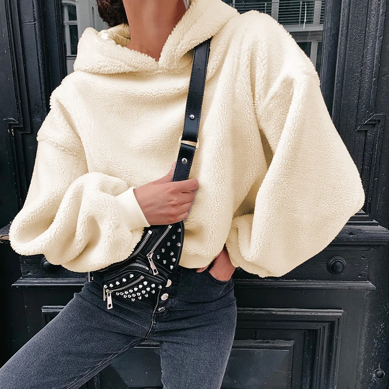 Long Sleeve Keep Warm Furry Hoodies Women Fall Winter 2024 New Casual Loose Raglan Harajuku Pullovers Sweatshirt Solid Top