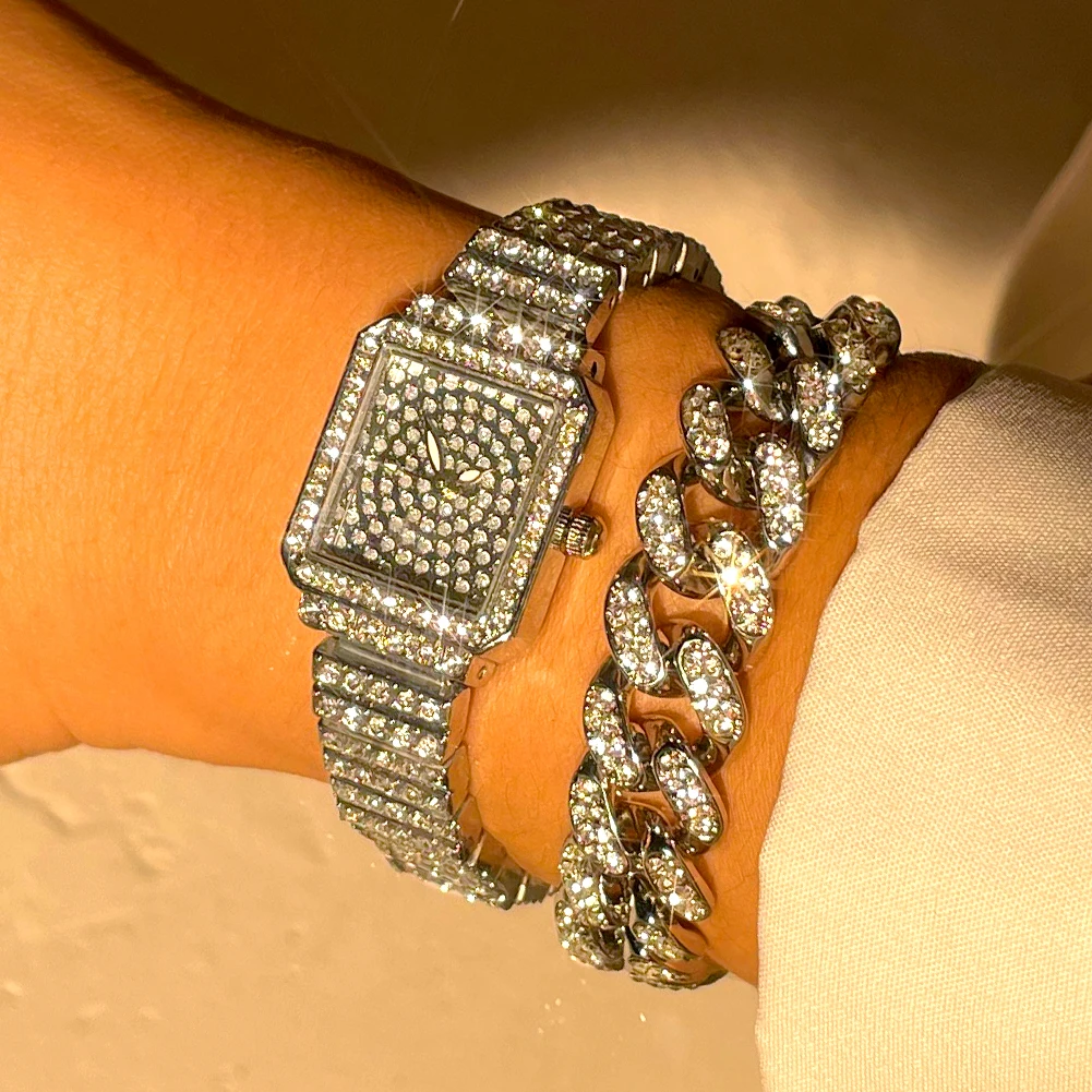 Iced Out Rose Gold Silver Color Watch Women's Luxury Rhinestone Cuban Chain Bracelet Watches Fashion Wrist Watch Hip Hop Jewelry