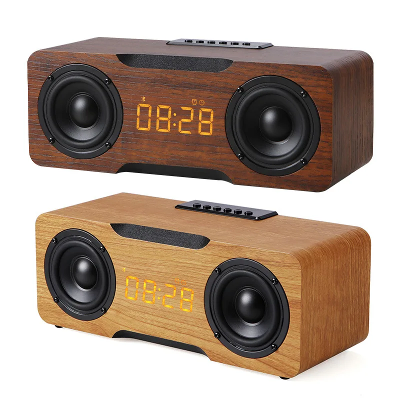 나무 블루투스 스피커 홈 데스크탑 5.0 블루투스 다기능 알람 시계, TF 카드 오디오 HIFI 서브우퍼 사운드 박스, 30W