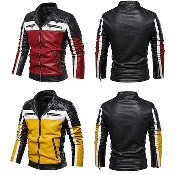 Men Yellow PU Leather Jacket Patchwork Biker Jackets Outwear Zipper Coat 6