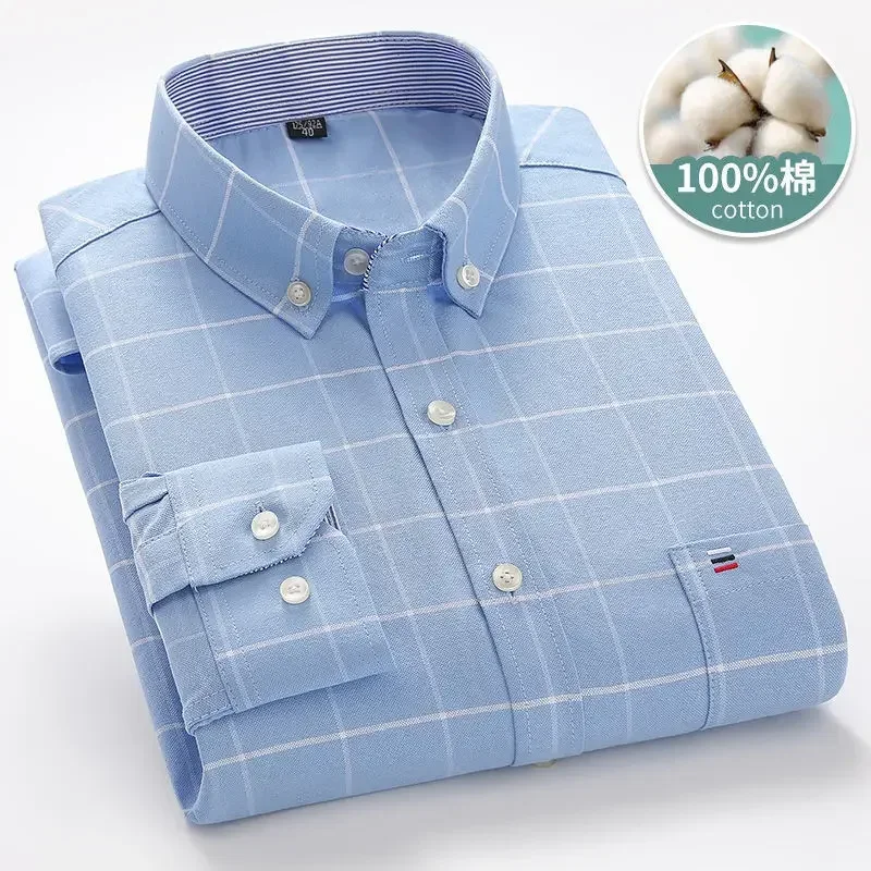 

100% Cotton Men's Long Sleeve Oxford Shirt Formal Business Dress Shirts Cotton White Blue Casual Collared Shirt Korean Clothes