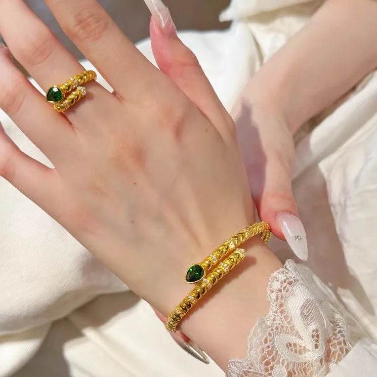 Boutique 9999 Gold Luxury Bracelet Ring Set Female Fashion Noble 24K Year Snake Bracelet Open Band Ring AU750 1