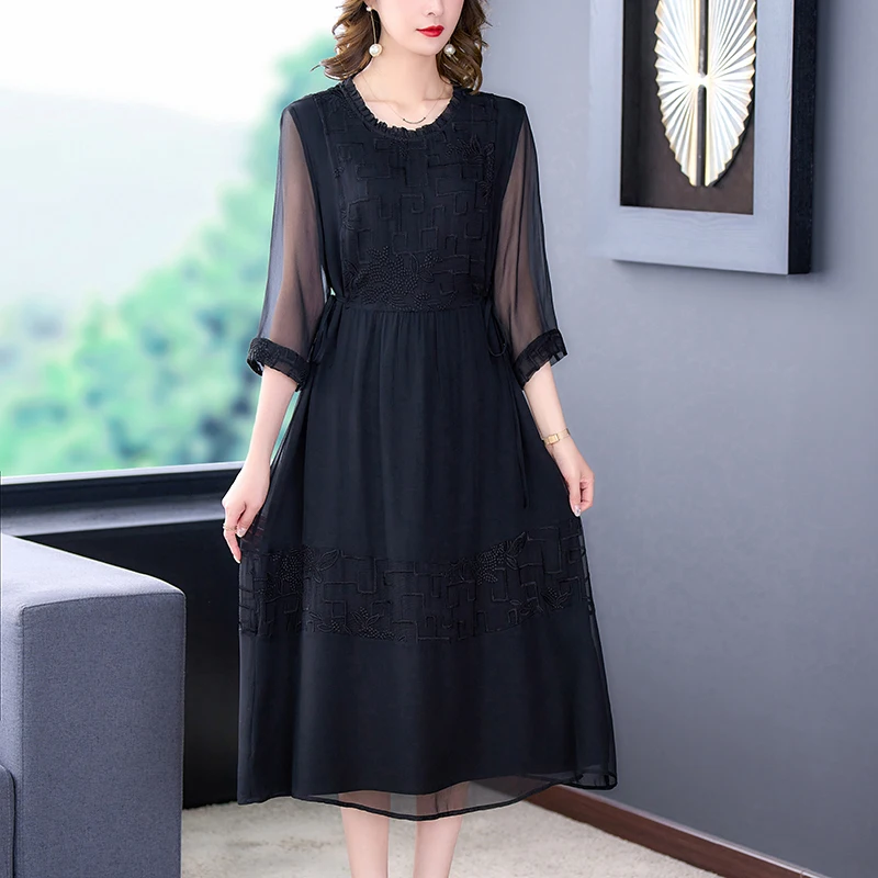

2023 New Fashion Black Round Neck Dress Women's Summer Elegant Versatile Loose Fit 3/4 Sleeve Knee Length Dress Vestidos