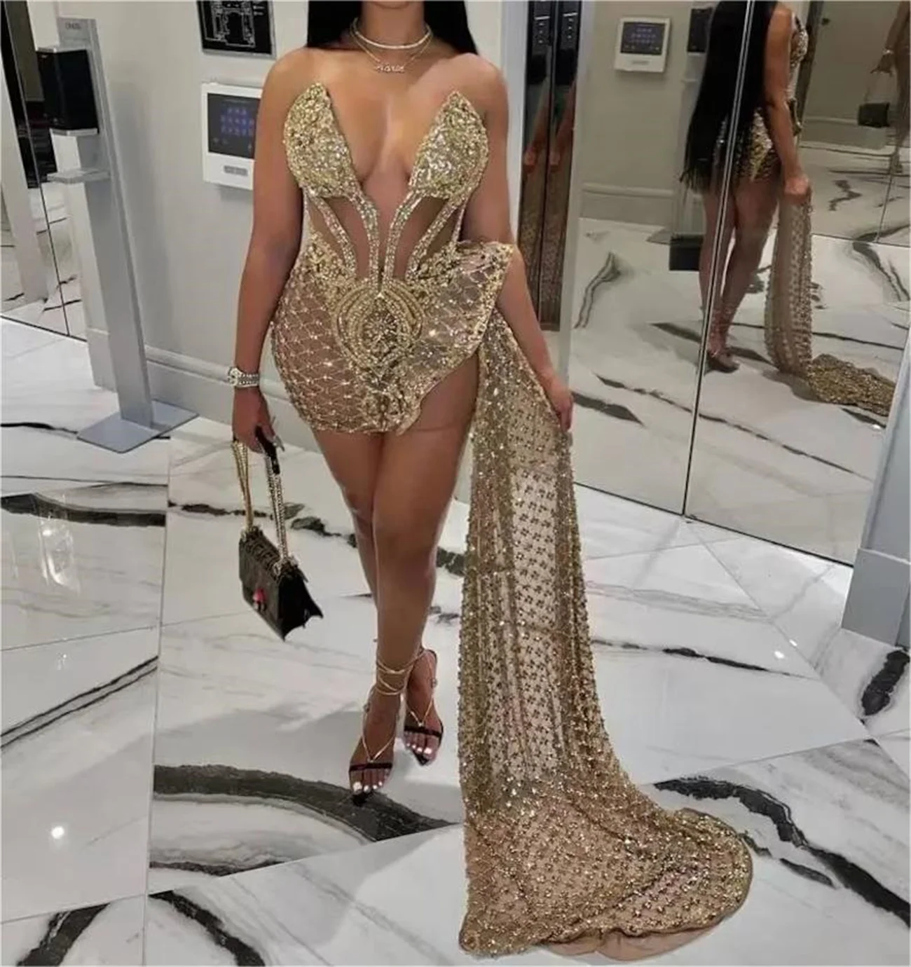 Gold Cocktail Dress Bandeau Sexy Sheer Mini Prom Party Gown Gorgeous Beaded Sequin Lace Classic One-Sided Train Newest