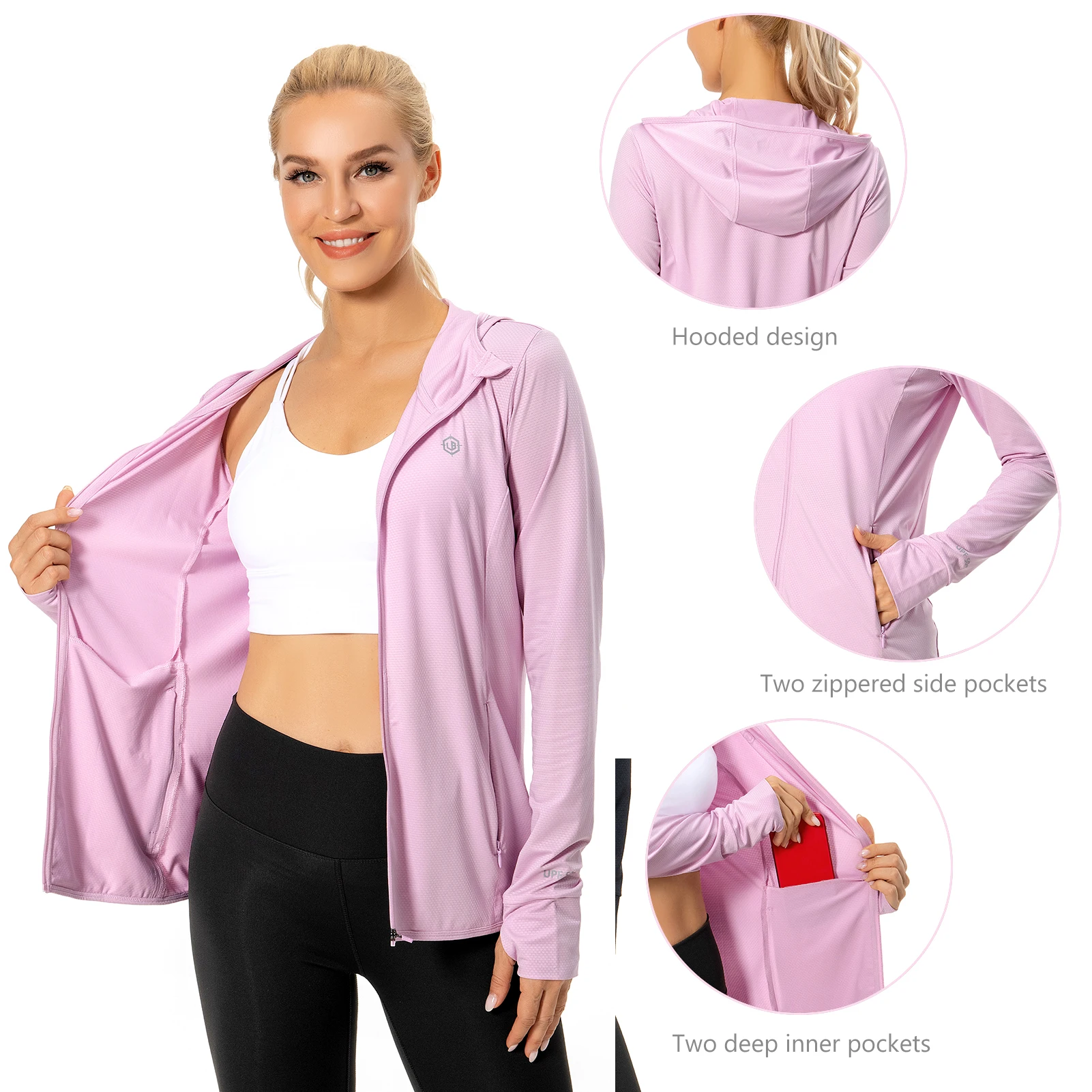 Lightbare Women Sport Hoodie Jacket Full Zip Long Sleeve Hooded Shirt UPF 50+ with Pockets Outdoor Hiking Kayaking Fishing