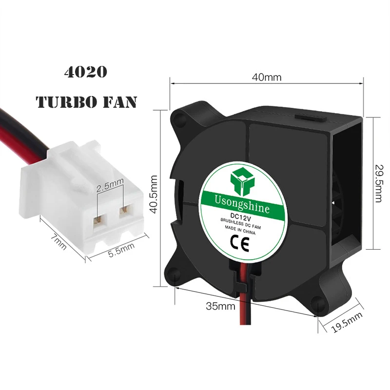 Advanced Brushless Cooling Turbo Fan for 3D Printers - 12V/24V Dual Voltage, 2-Pin DC Extruder Cooler Blower in Black Plastic