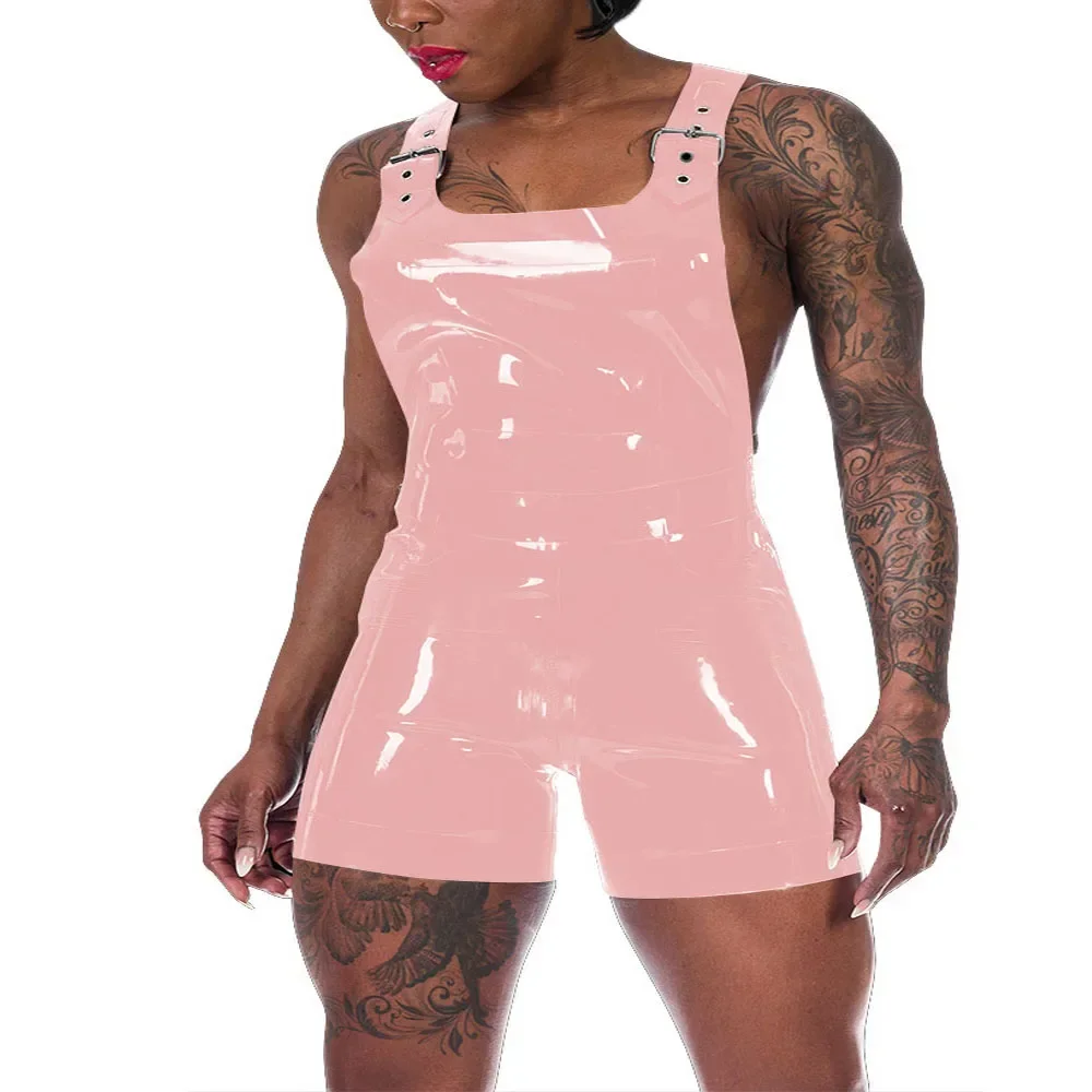 Plus Size Summer Women Patent Leather Overalls Adjustable Straps Faux Latex Romper Shorts Casual Vinyl Jumpsuit Streetwear 6