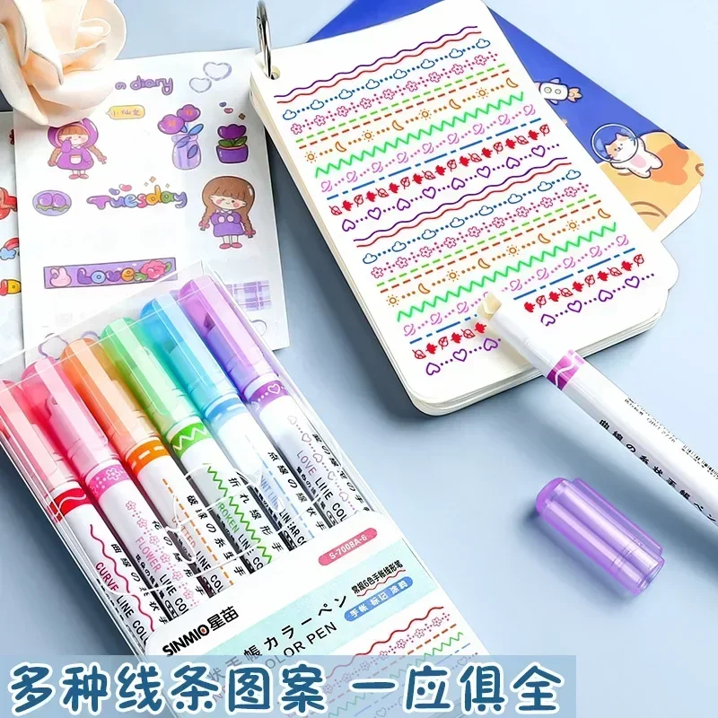 3/6/8pcs Flowers Line Shaped Highlighter Pens Roller Tip Curve Liner Marker Pens Kawaii Stationery School Office Supplies highlighter pens