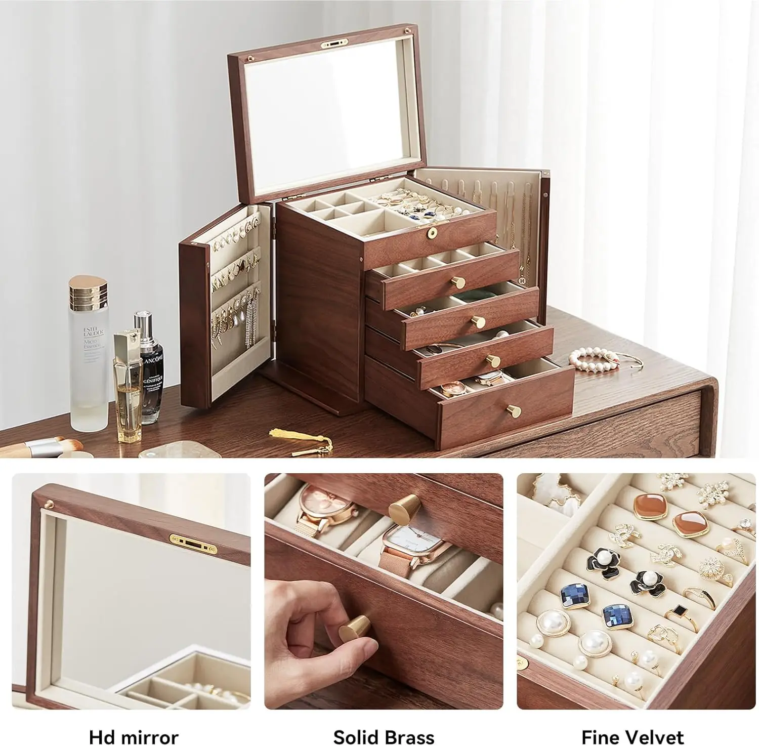Black Walnut Wooden Jewelry Box, 5-Layer Solid Wood Jewelry Organizer with 2 Side Doors Mirror Lockable Classical Style 3