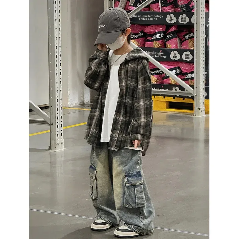 Plaid Shirt for Boys Spring Autumn Long Sleeve Children's Clothing Retro Style Trendy Teenage Wear Comfortable Fit AE Stock