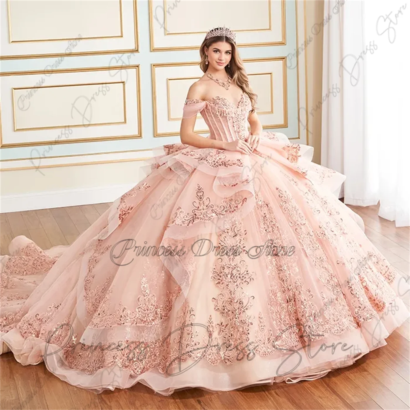 Glitter Quinnceanera Dress Ball Gown Shiny Gold Lace Applique Beading Mexican Sweet 16 Vestidos De 15Anos Party Dress