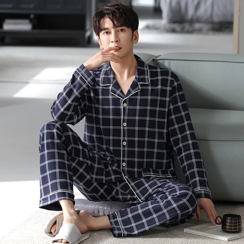 Spring Autumn Men's Cotton Pajamas Long Sleeve Lapel Plaid Cardigan Pants Oversized Loose Fitting Casual Home Clothing Set