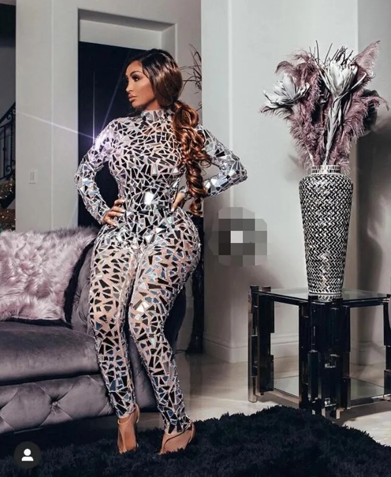 Dance Dress Women Dance Costume Stage Performance Costume Fashion Shining Long Sleeve Mirrors Mesh Transparent Jumpsuit Women Nightclub Party Birthday Outfit Singer Dancer Stage Wear