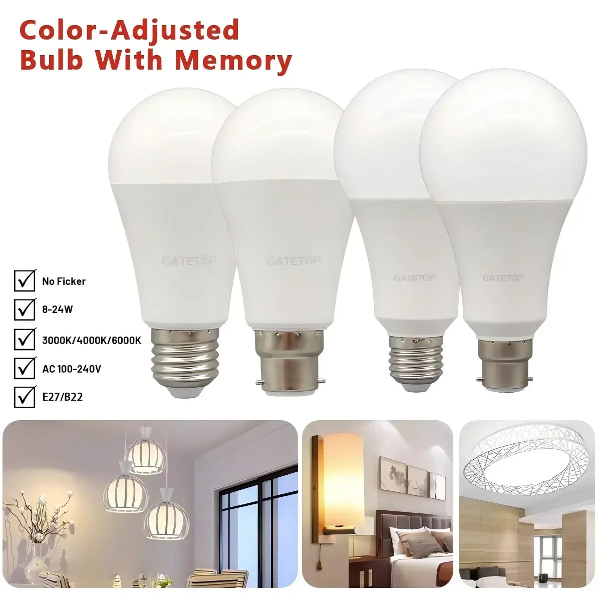10pcs Wall Switch CCT Bulb LED light Tricolor Dimming E27 B22 Base AC100-240V 3000K 4000K 6000K Memory Function for Home Bedroom