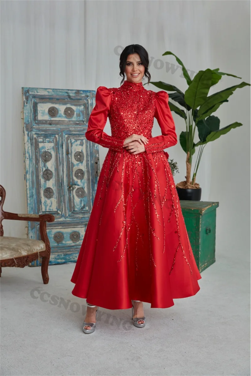 

Модные атласные мусульманские Вечерние платья с длинным рукавом и аппликацией с высоким воротником официальный женский Арабский Кафтан Халат