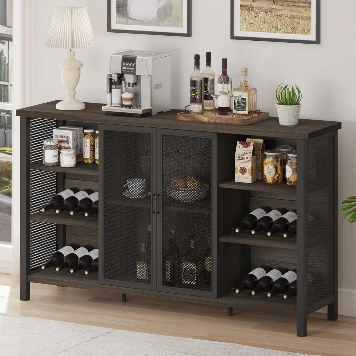 

FATORRI Wine Bar Cabinet for Liquor and Glasses, Industrial Coffee Bar Cabinet, Farmhouse Sideboard and Buffet Cabinet