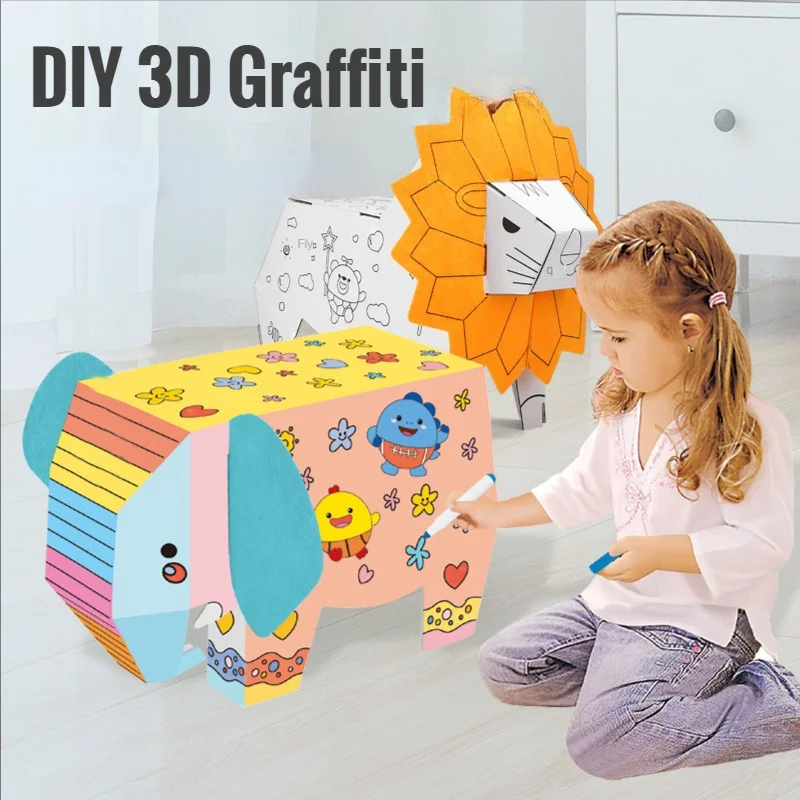 3D DIY handmade cardboard, creative cardboard, animals, graffiti, kindergarten models, cardboard toys, coloring, lions, 2