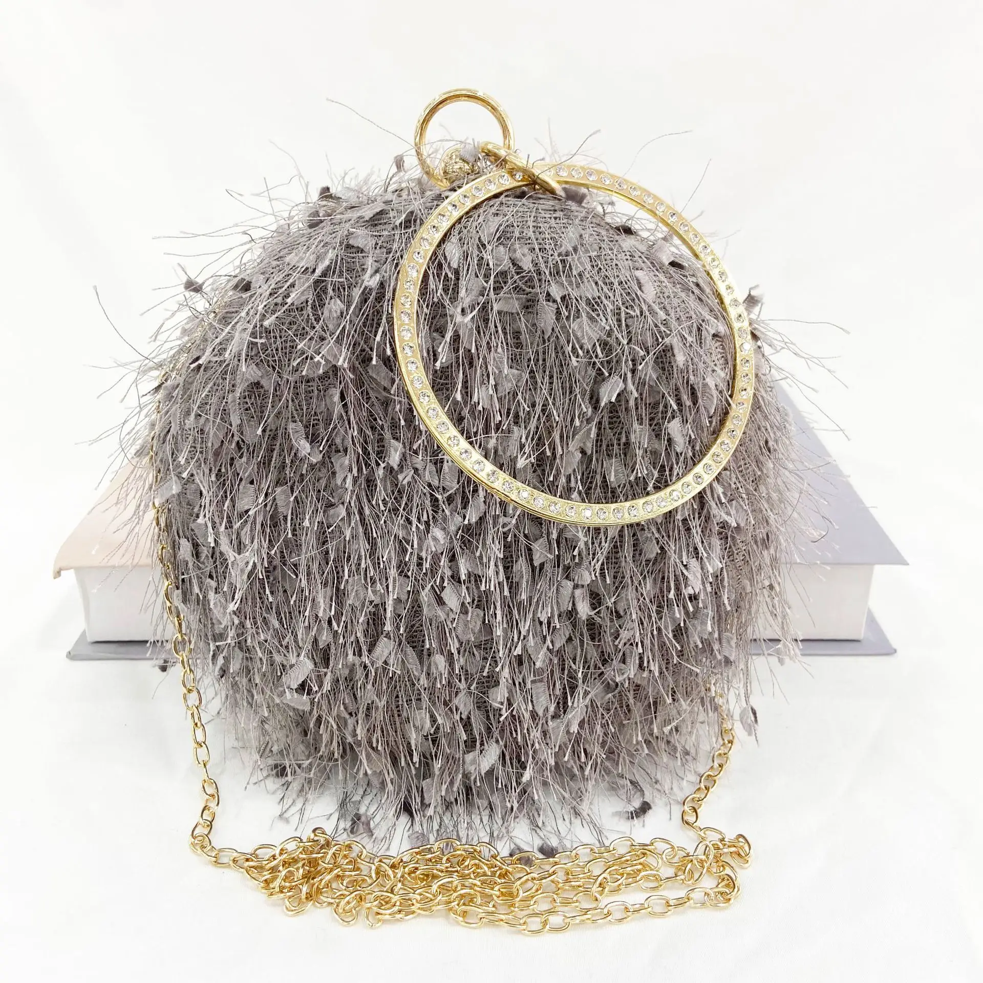 2022 new hand-made small round bag handmade furry evening bag one shoulder dress evening wedding wedding banquet bag