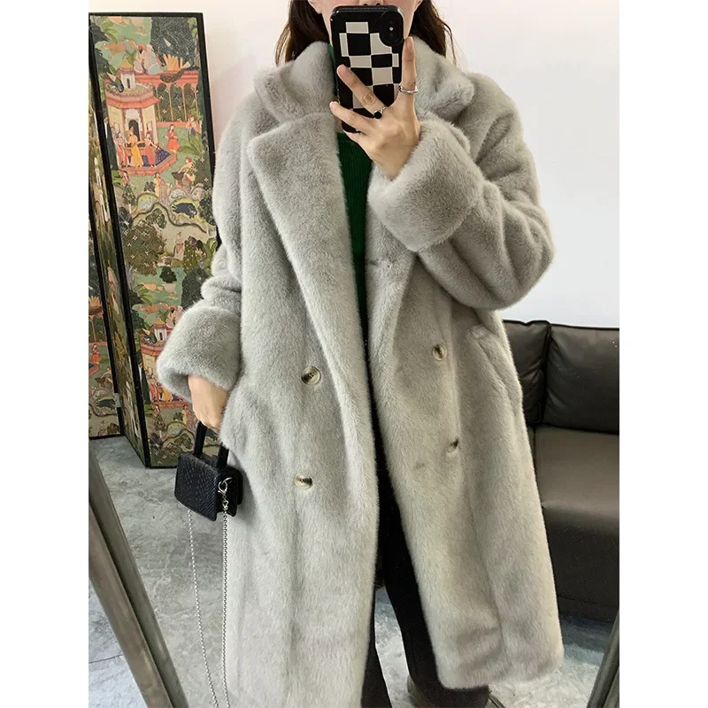 2022 New Imitation Mink Fur Fur Coat European Mink Velvet Extended Classic Double-breasted Coat To Keep Warm and Thin