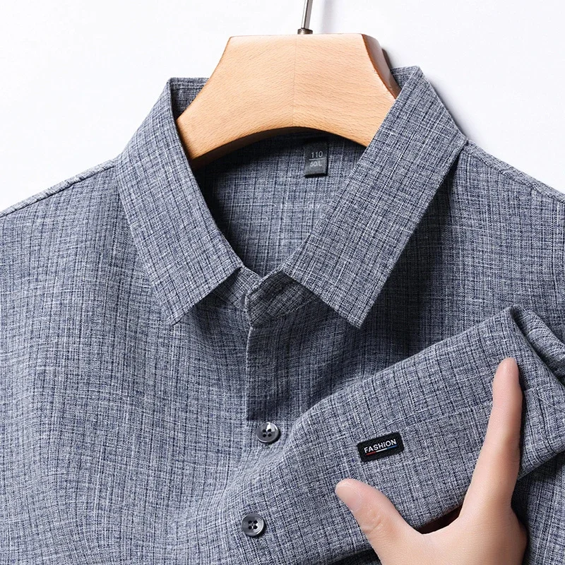 2024 Men's Business Casual Plaid Cotton Linen Short Sleeved Shirt Comfortable Cotton Top 3