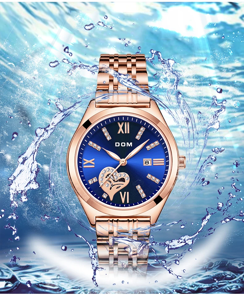 DOM Luxury Watch Fashion steel belt Watch Women's Casual Love Blue waterproof Women's Watch