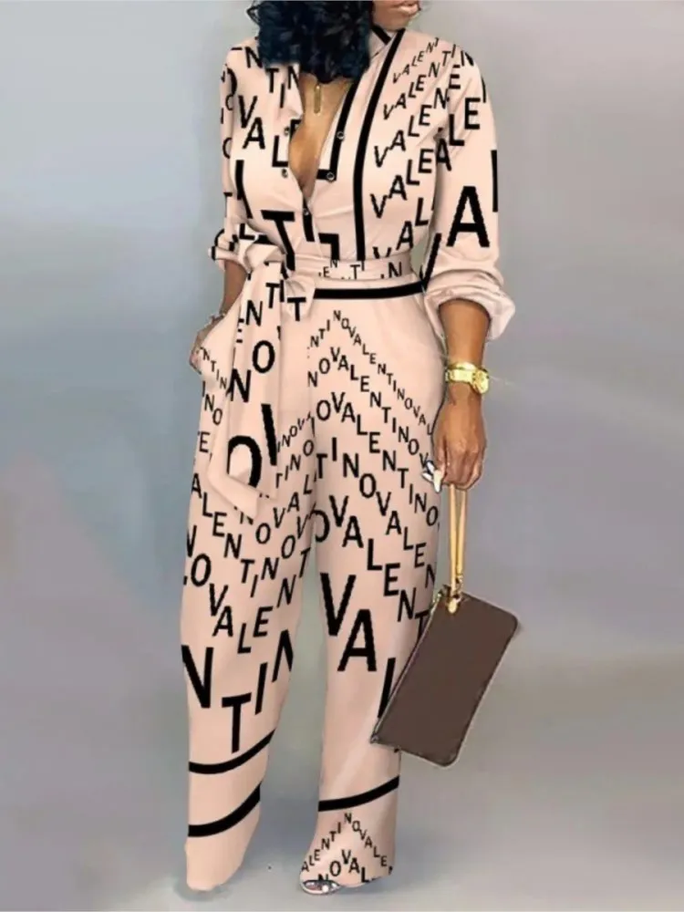 thumbnail image 1 of Mono de manga larga con estampado de letras para mujer, peto de una pieza con botones para primavera y otoño, mono elegante para oficina, 1 of 5