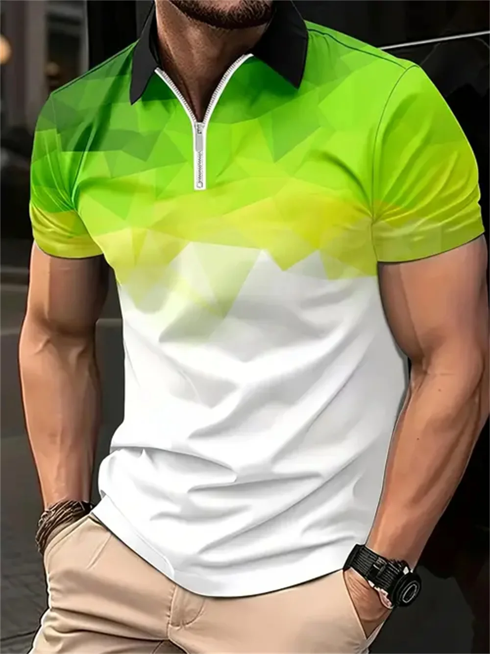 Men's Colour Block Stripe Short Sleeve Summer Thin Polo Shirt,Stylish Zipper Crew Neck Polo Shirt,Men's Golf Casual Polo Shirt 15 S782aa9251dde424ca332edf4a9658659K