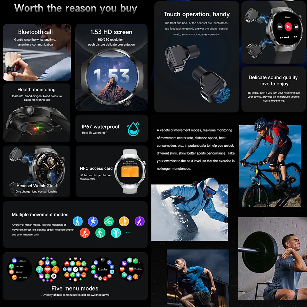 TWS 2 in 1 ����Ʈ ��ġ(�̾���� ����) Smartwatch Bluetooth �̾��� �ɹڼ� ���� ����� ������ �ð� ��Ʈ�Ͻ� �ð�