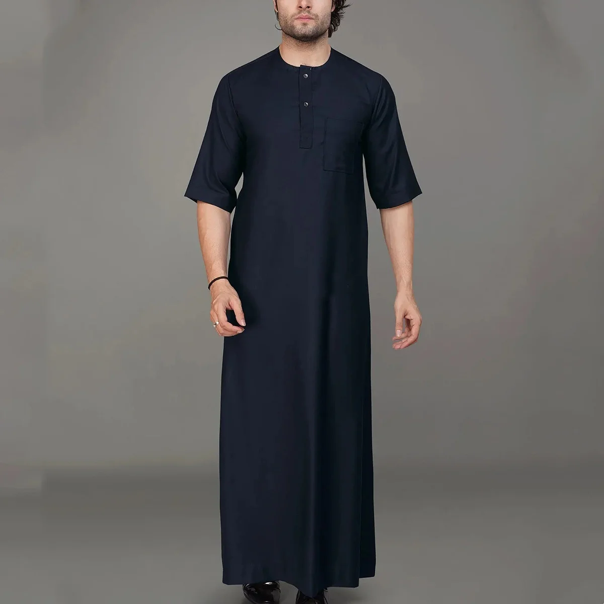 Men Navy Muslim Robe Islamic Ramadan Juba Kaftan Dishdash Arabian Robe ...