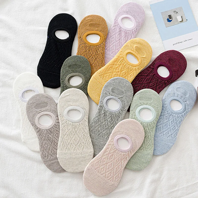 Women Invisible Socks 5 Pairs/Set Summer Solid Color Mesh Ankle Boat Socks Silicone Non-slip Cotton