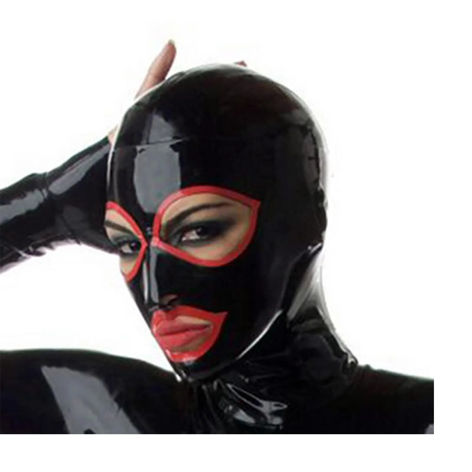 MONNIK Latex Hood Open Eyes Mouth with Red Trim Rubber Mask with Rear Zipper Handmade for Party Clubwear Catsuit Cosplay monnik latex hood rubber hood contrast colored trim around face around eyes