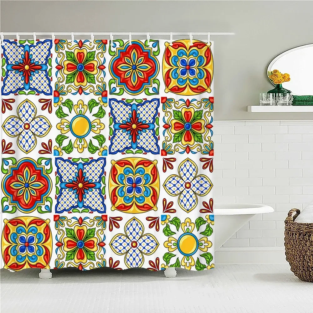 Bohemian 3D Shower Curtain, Indian Mandala Flower Green Blue Chic Color Modern Pattern Bathroom Fabric Home Decor Shower Curtain 3