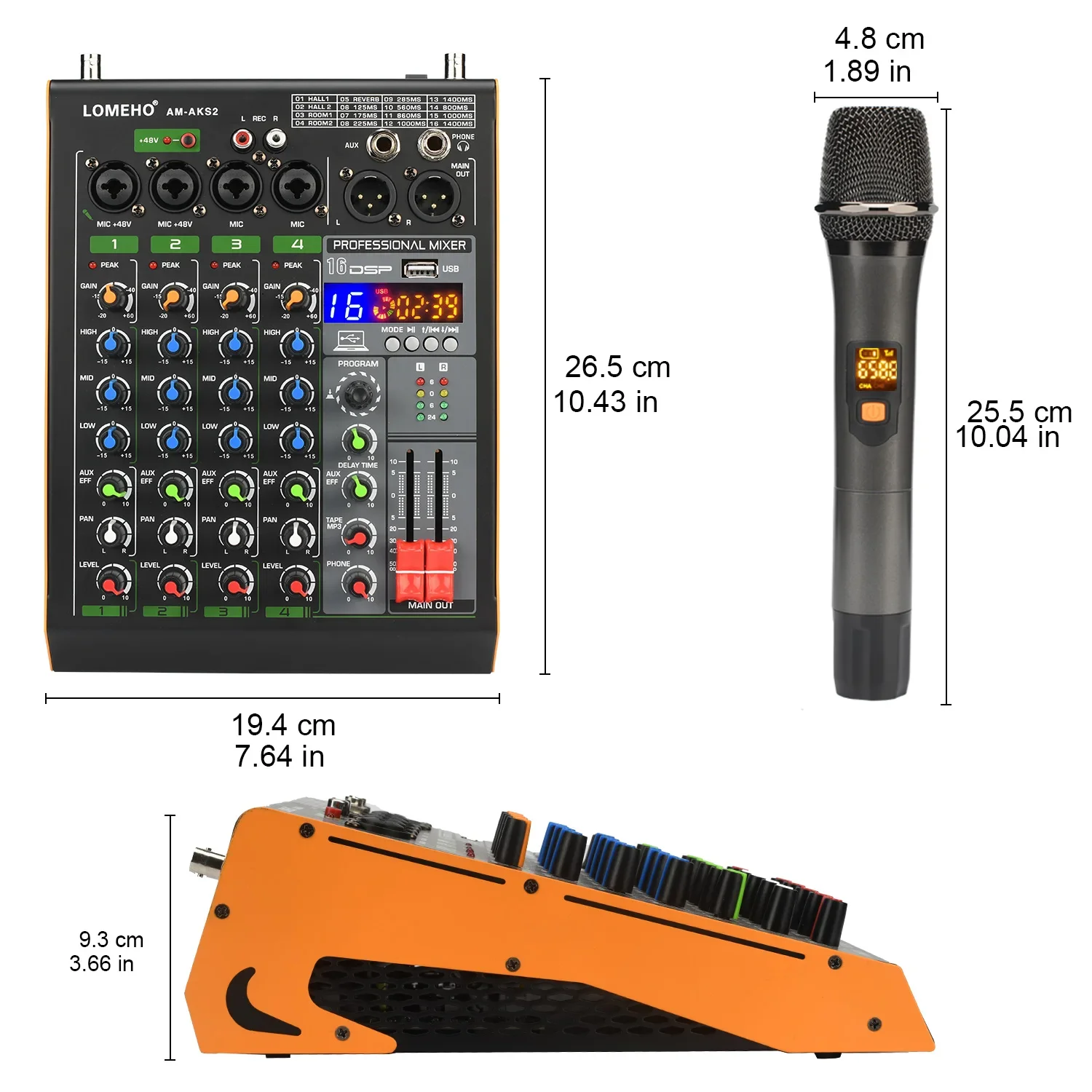 Wireless Microphone Audio Mixer 4 Channel Mixing Console 16 Effect Bluetooth Sound Audio Mixer 2 Adjustable Frequency Wireless Microphone AM-AKS2