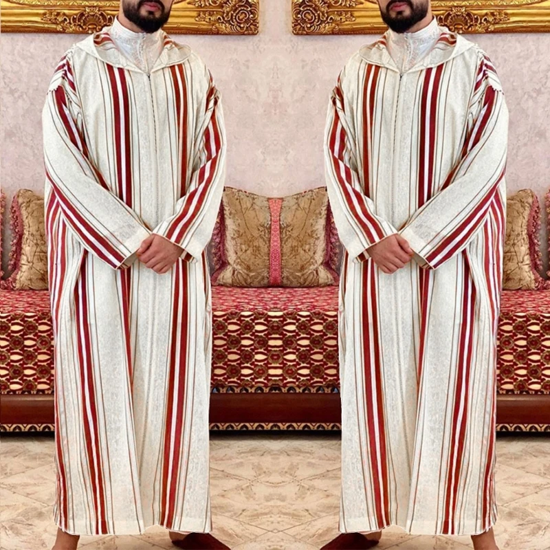 Stripe Long Sleeve Casual Abaya Muslim Dress Moroccan Ramadan Gown Shirt for Men