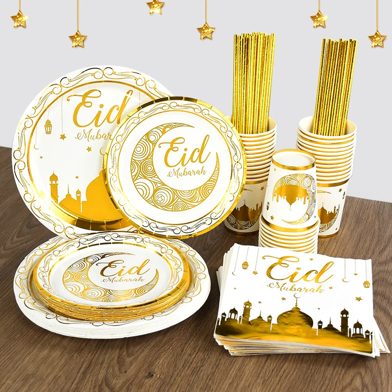 

Eid Mubarak Decoration Paper Napkin Plate Cups Disposable Tableware Ramadan Kareem Home Decor Eid Islamic Muslim Party Supplies