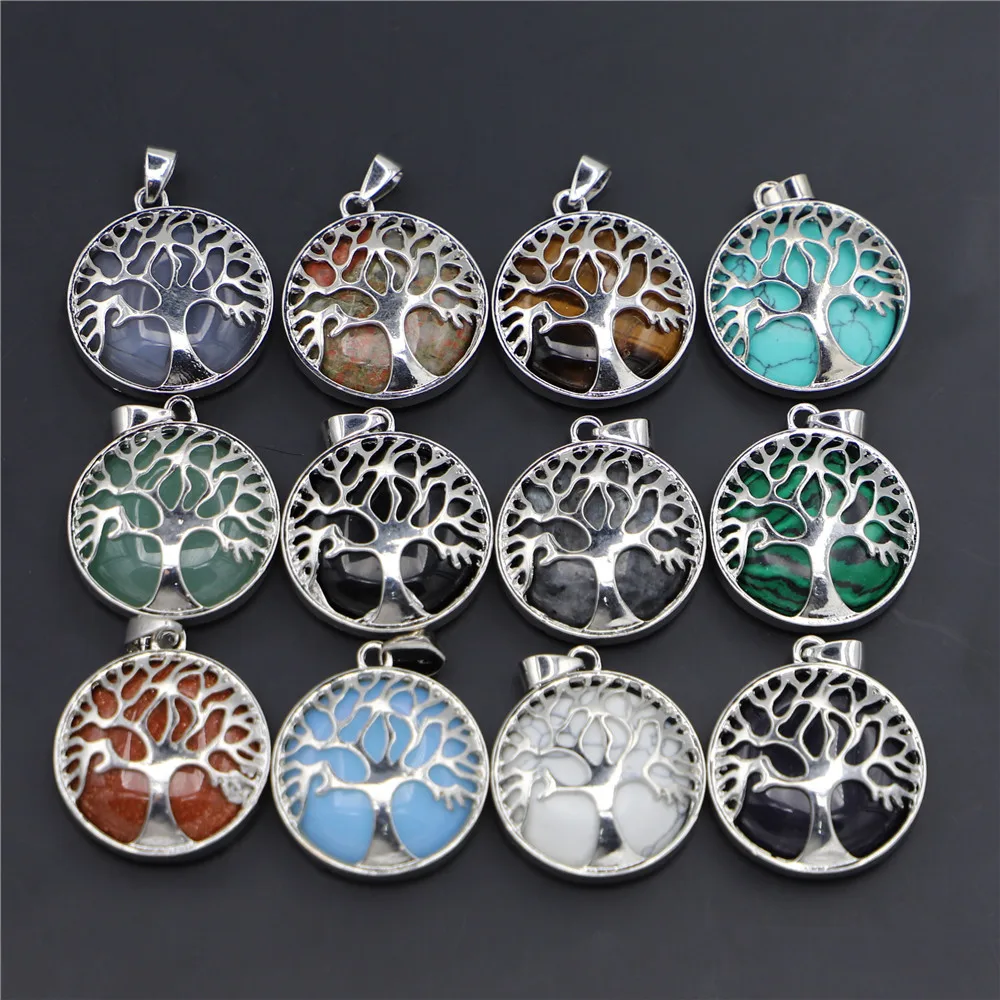 New 12pcs Fashion Natural Stone Alloy Tree of Life Men Pendants Necklace Designer Charms for Jewelry Accessories Marking Bulk